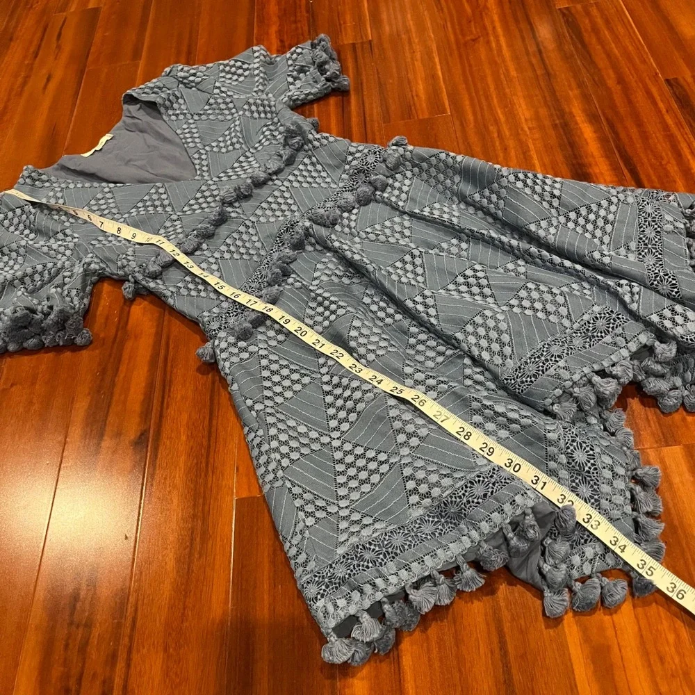 TULAROSA Blue Crochet Dress Lace Pom Pom Tassel V-Neck‎ Short Sleeve Size XXS